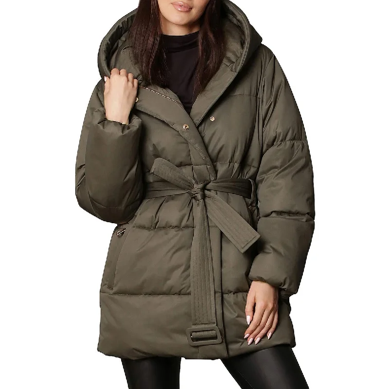 Women's long - sleeve wool coats in a houndstooth pattern for a classic charmAvec Les Filles Women's Hooded Wrap Puffer Coat with Belt