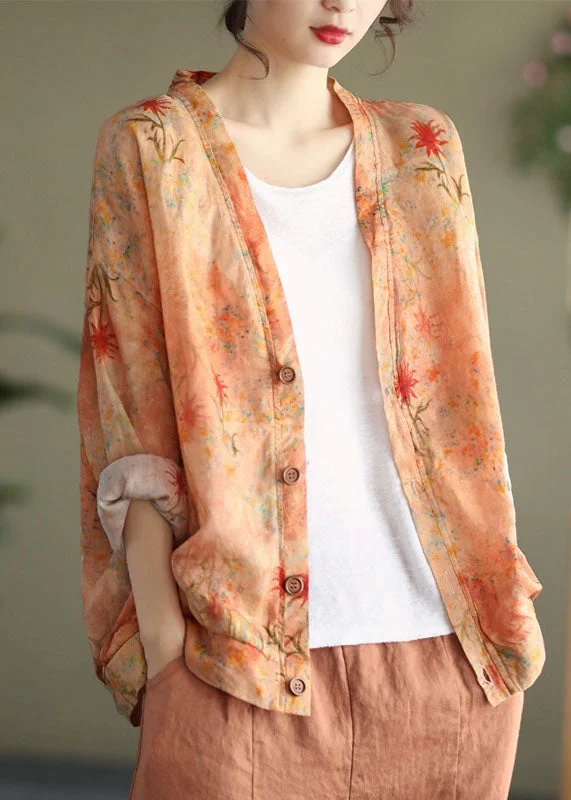 Long women's mac coats in a lightweight fabric for spring showersBeautiful Orange V Neck Print Button Linen Coats Long Sleeve