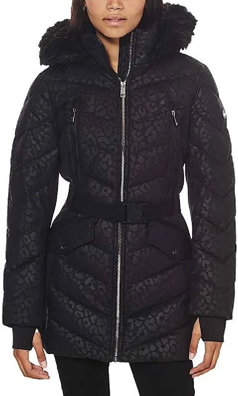 Michael Michael Kors Women's Logo Leopard Belted Hooded Down Puffer Coat Black