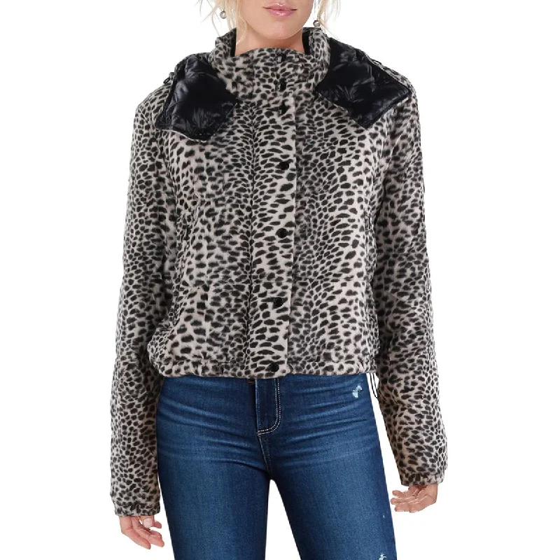 Avoine Womens Faux Fur Animal Print Puffer Jacket