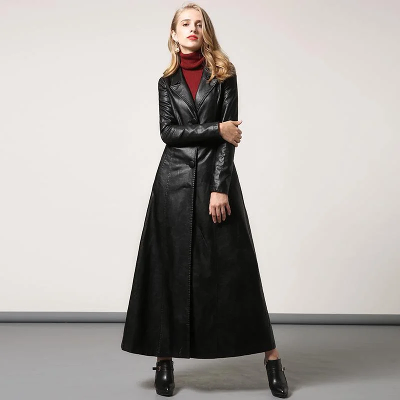 black PU long coat women slim fit stylish elegant lapel collar maxi trench coats