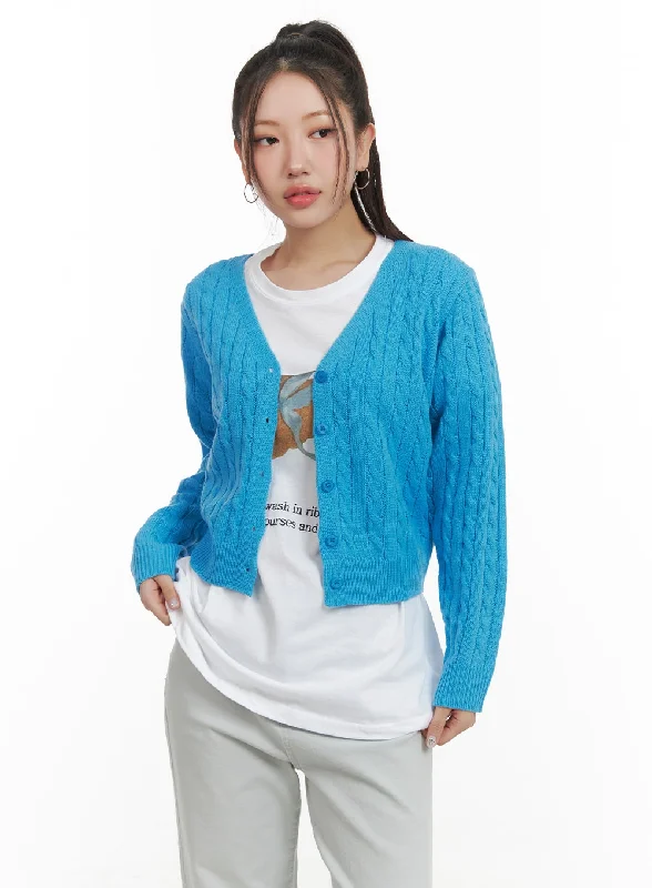 hand knitted women cardigan with artisanal charmCable Knit Buttoned Crop Cardigan OA415