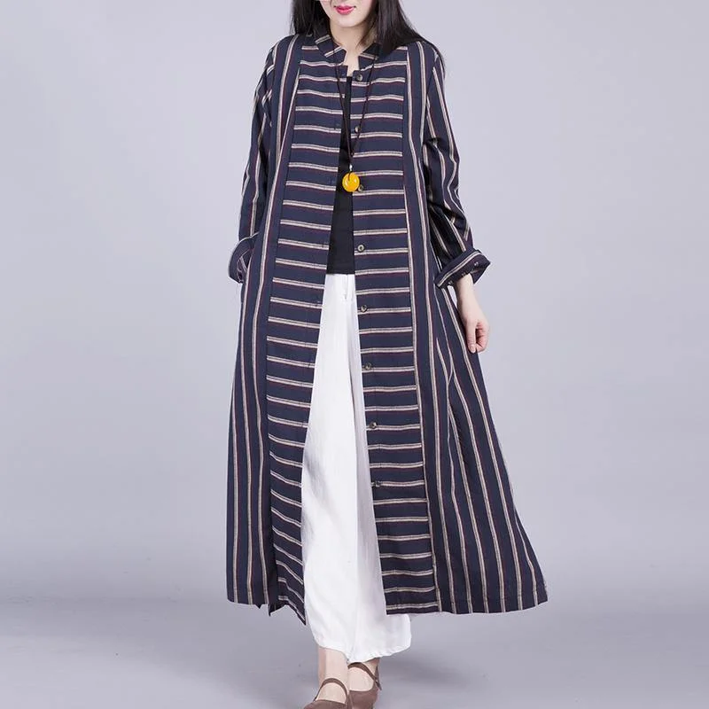 Chic stand collar linen shirt outwear linen black striped coat autumn