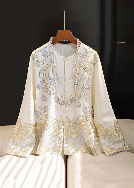 Plus size women's wool blend coats for a warm and stylish winterChinese Style White Embroidered Button Silk Coat Long Sleeve Plus size women's wool blend coats for a warm and stylish winterChinese Style White Embroidered Button Silk Coat Long Sleeve