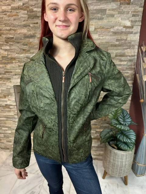 Women's Faux leather Jacket-BF1701-WGRN/OLIVE