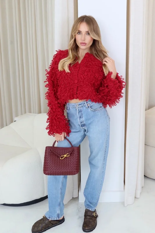 Daisy red shaggy knit cardigan