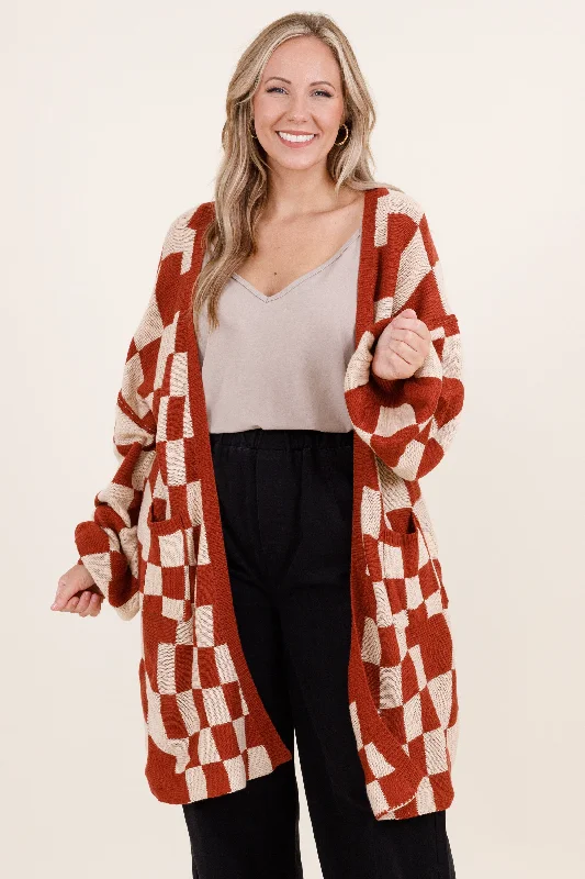 hand knitted women cardigan with artisanal charmDoing What We Want Cardigan, Rust-Taupe hand knitted women cardigan with artisanal charmDoing What We Want Cardigan, Rust-Taupe