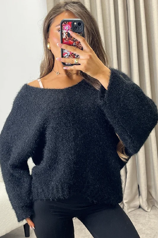 hand knitted women cardigan with artisanal charmEbonie Black Slouchy Knit Jumper