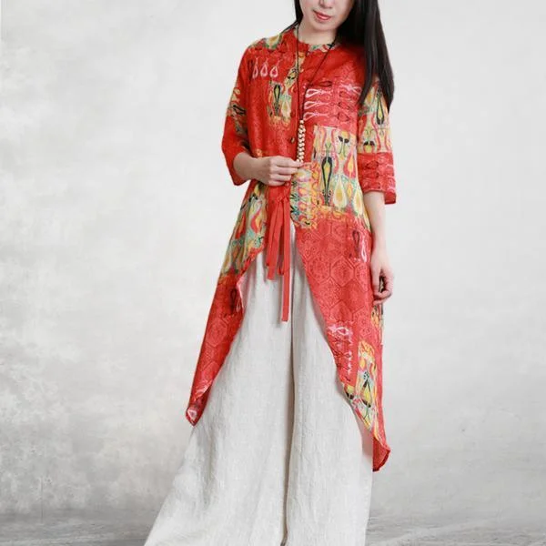 Elegant silk linen clothes For Women boutique Printed Soft Beauty Holiday Irregular Coat ( Limited Stock)