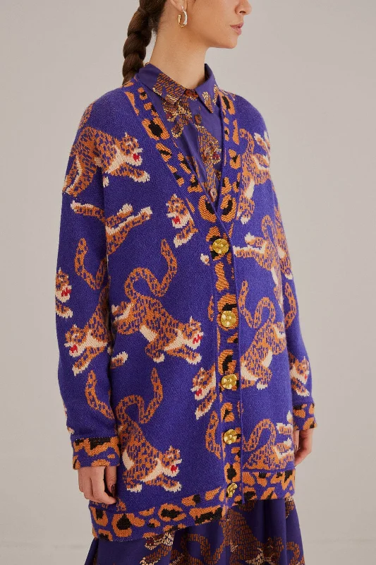 color block women cardigan with bold huesKn CARDIGAN 319542 Leopards-Navy-Blue