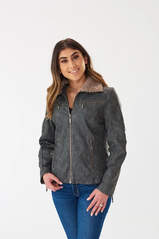 Women's faux fur coats in bright colors for a bold fashion statementFour Corners Jacket CHAR/GRY (BF19278) Women's faux fur coats in bright colors for a bold fashion statementFour Corners Jacket CHAR/GRY (BF19278)