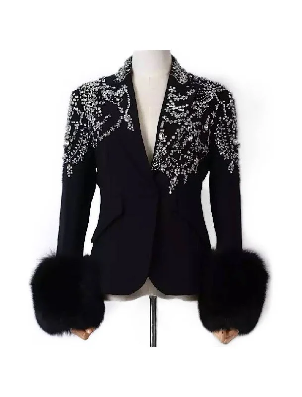 Fox Sleeve Crystal Decorated Black Blazer