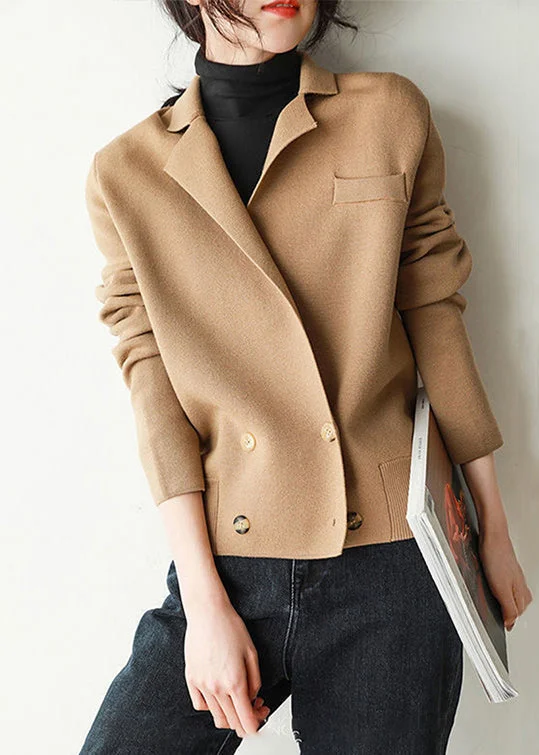 Shearling - lined women's leather coats for ultimate warmth and luxuryFrench Khaki Peter Pan Collar Button Patchwork Knit Coats Fall Shearling - lined women's leather coats for ultimate warmth and luxuryFrench Khaki Peter Pan Collar Button Patchwork Knit Coats Fall