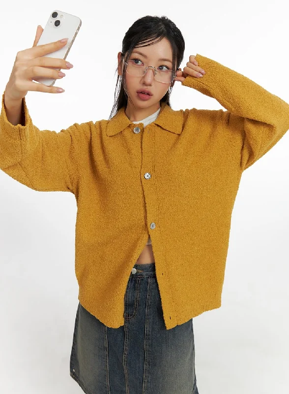 color block women cardigan with bold huesFuzzy Button-Up Unisex Cardigan CM408