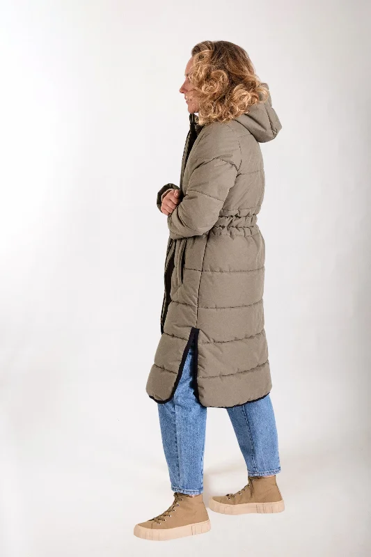 Belted women's cashmere coats in soft pastels for a luxurious feelHooded Longline Puffer in Sage