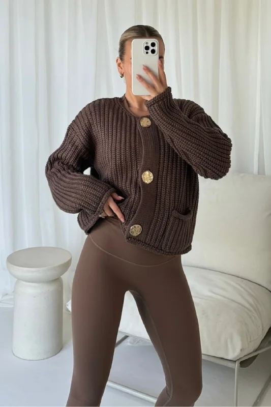 Kelly chocolate gold button knit cardigan