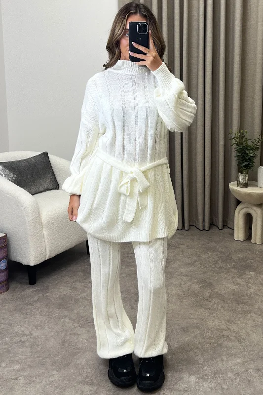 sequin embellished women cardigan for special occasionsKila Cream Belted Jumper and Trousers Knitted Loungewear Set sequin embellished women cardigan for special occasionsKila Cream Belted Jumper and Trousers Knitted Loungewear Set