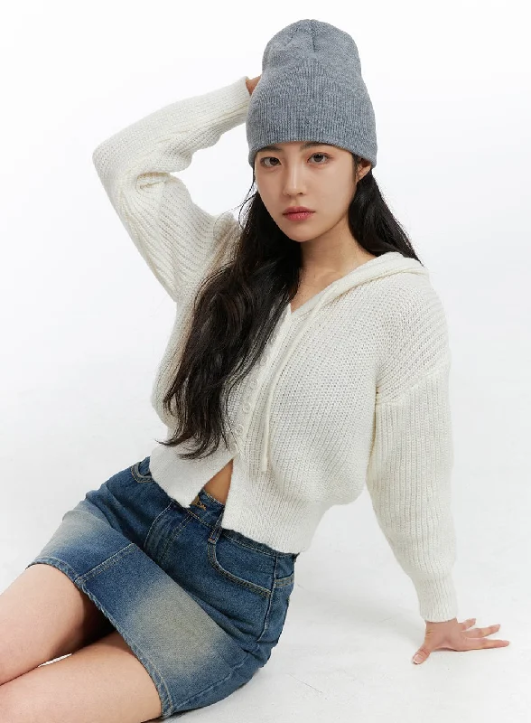 v neck women cardigan to elongate the necklineKnit Button Crop Hoodie OJ429