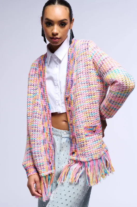 floral print women cardigan for a feminine touchLOOKIN IN THE MIRROR MULTICOLOR FRINGE CARDIGAN floral print women cardigan for a feminine touchLOOKIN IN THE MIRROR MULTICOLOR FRINGE CARDIGAN