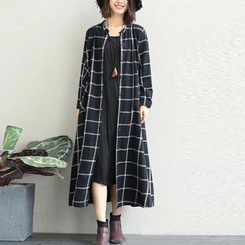 Luxury black white plaid cotton Coat oversized o neck long linen coat New long coat