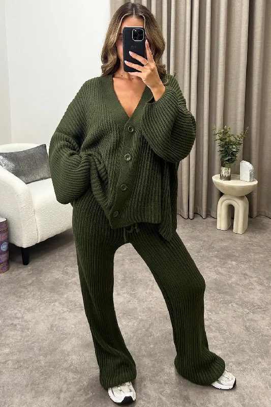 Mandi Khaki Ribbed Knit Cardigan and Trousers Loungewear Set