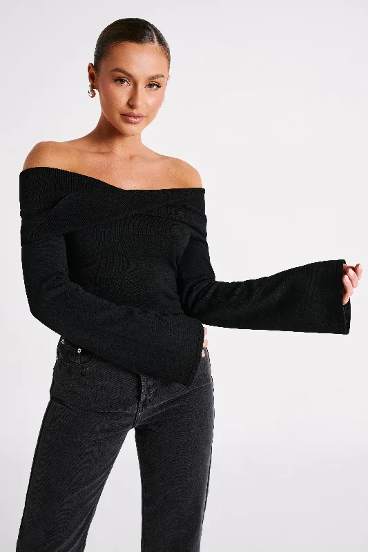 long length women cardigan with side slitsMarlisa Off Shoulder Twist Top - Black