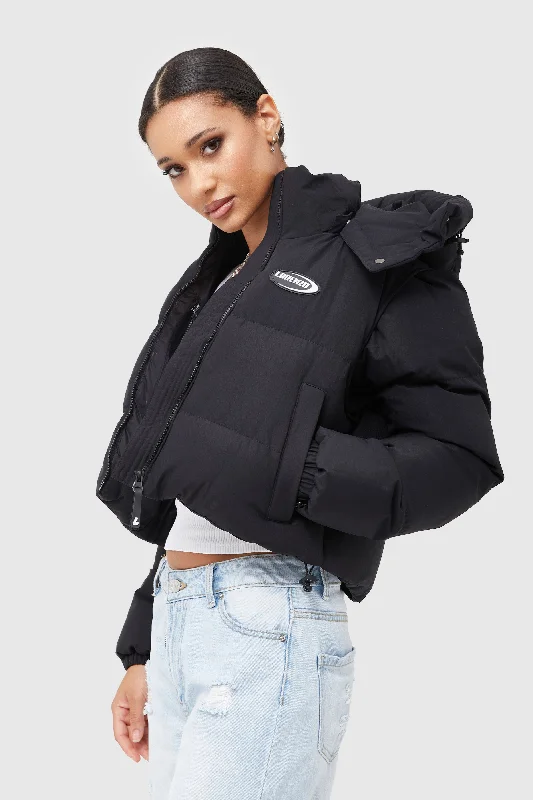 Women's knee - length wool blend coats with a fur collar for added warmthMOLLY ORBIT JACKET - BLACK Women's knee - length wool blend coats with a fur collar for added warmthMOLLY ORBIT JACKET - BLACK