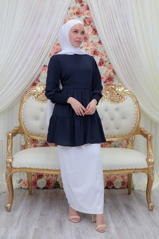floral print women cardigan for a feminine touchPremium Chiffon Ruffle Top- Navy
