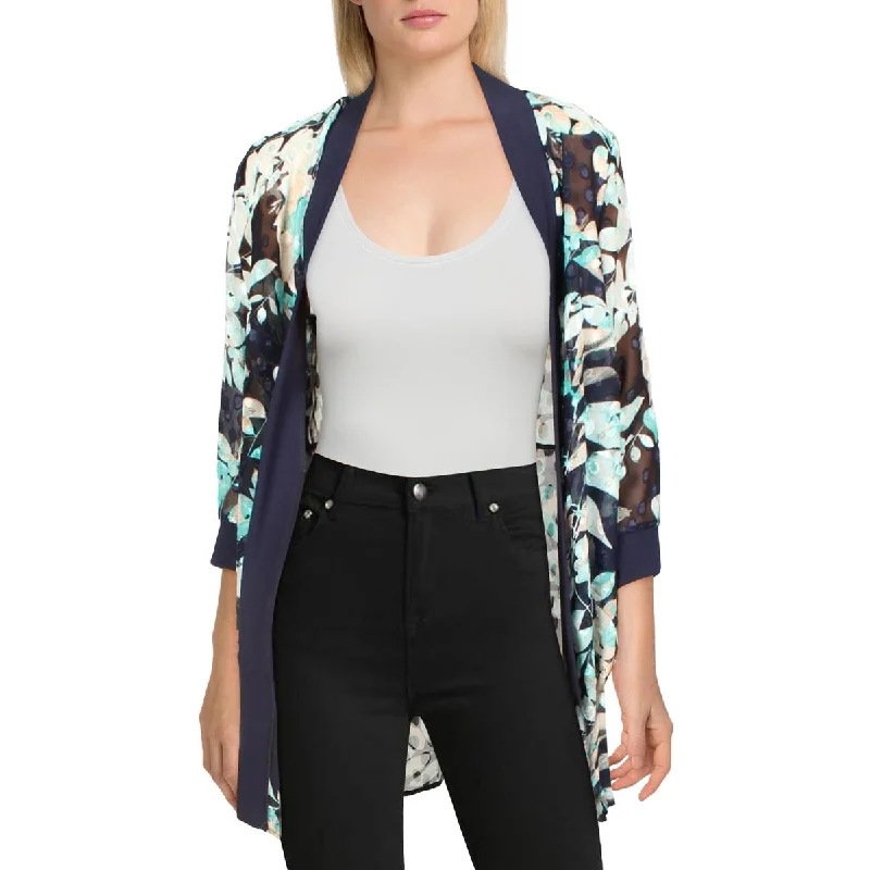 R&M Richards Womens Petites Chiffon Floral Duster Blazer