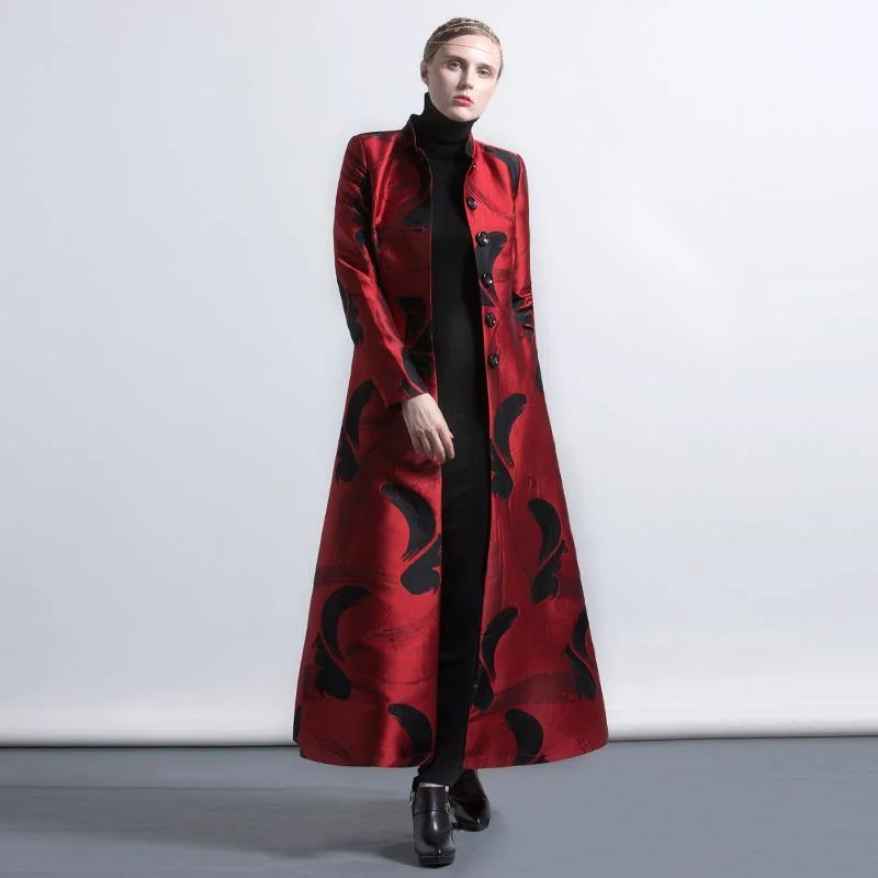 Women's cropped leather coats with silver studs for an edgy lookred color black floral European style blended slim fit coats women elegant stand collar jacquard maxi trench coat Women's cropped leather coats with silver studs for an edgy lookred color black floral European style blended slim fit coats women elegant stand collar jacquard maxi trench coat