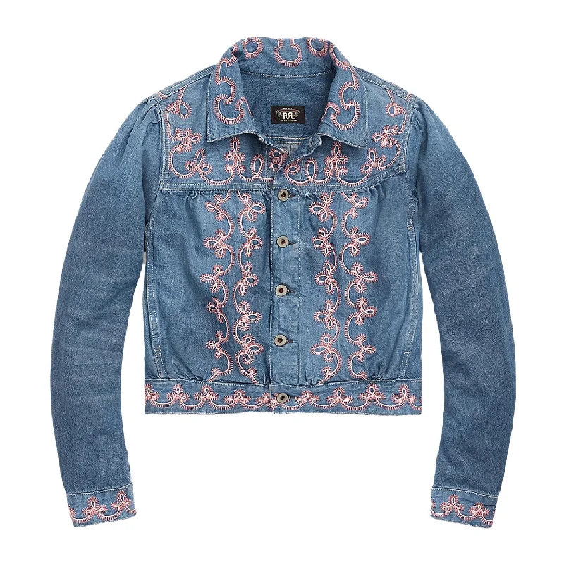 Women's longline double - breasted camel coats for a sophisticated lookRRL by Ralph Lauren Womens Martine Trucker Jacket Blue / Pink Women's longline double - breasted camel coats for a sophisticated lookRRL by Ralph Lauren Womens Martine Trucker Jacket Blue / Pink
