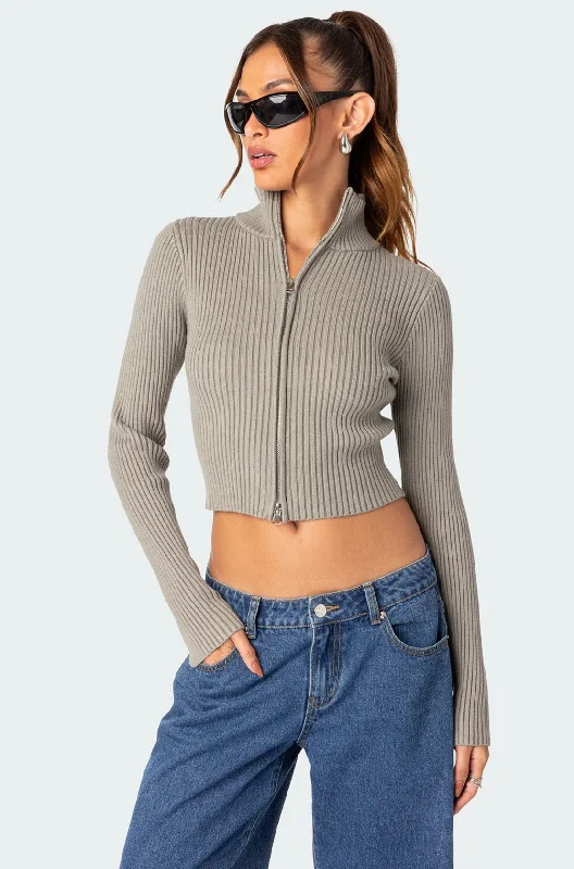 ribbed women cardigan with a classic textureDouble Zip Up Cardigan