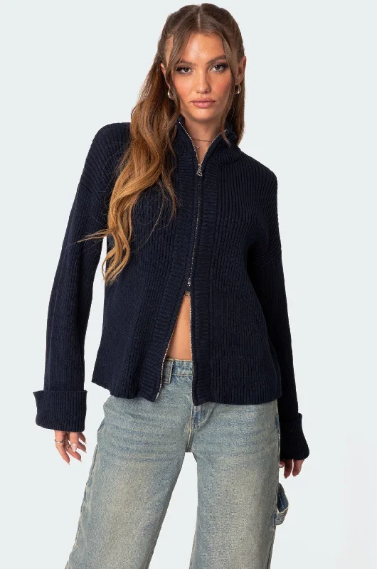 long length women cardigan with side slitsOversized Zip Up Turtle Neck Cardigan