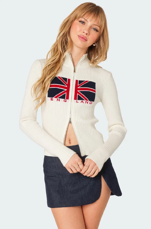 color block women cardigan with bold huesEngland Double Zip Cardigan
