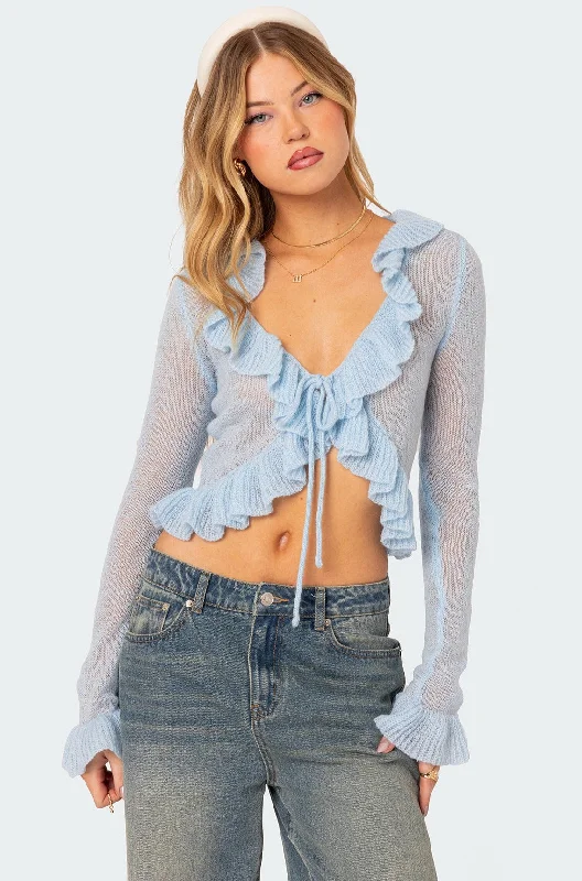 button down women cardigan with vintage buttonsRyleigh Ruffled Tie Front Cardigan