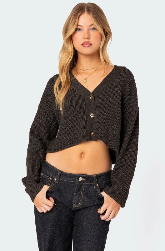 long length women cardigan with side slitsOversized Waffle Knit Cropped Cardigan