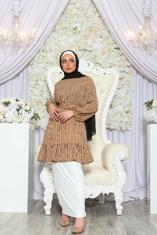 plus size women cardigan for comfortable layeringStripe Balloon Sleeve Top- Latte