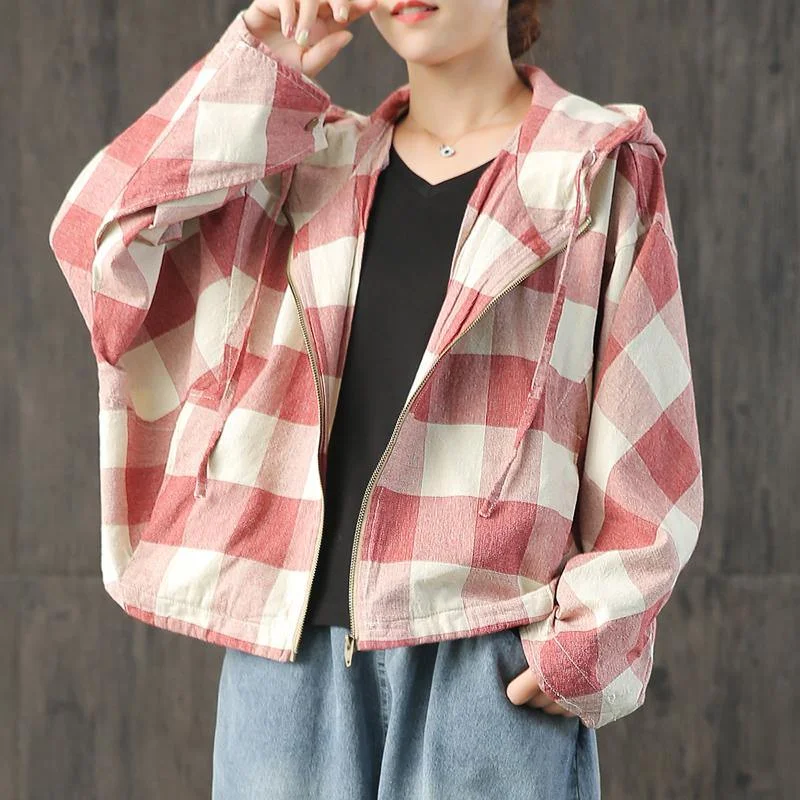 Style hooded Batwing Sleeve linen Blouse Wardrobes red Plaid coats fall