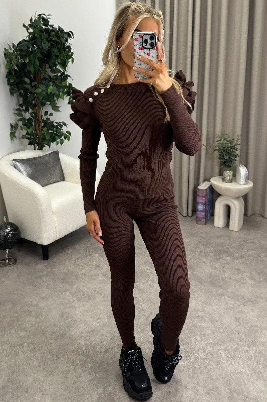 boyfriend style women cardigan for a relaxed fitTaya Brown Ribbed Frill Sleeve Top and Leggings Knit Co-Ord Set
