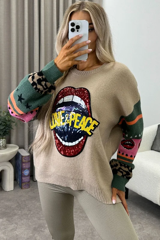 boyfriend style women cardigan for a relaxed fitTerry Beige Love and Peace Sequin Slogan Knit Jumper boyfriend style women cardigan for a relaxed fitTerry Beige Love and Peace Sequin Slogan Knit Jumper