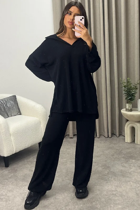 sequin embellished women cardigan for special occasionsTinah Black V neck Collared Top and Trousers Knit Loungewear Set sequin embellished women cardigan for special occasionsTinah Black V neck Collared Top and Trousers Knit Loungewear Set