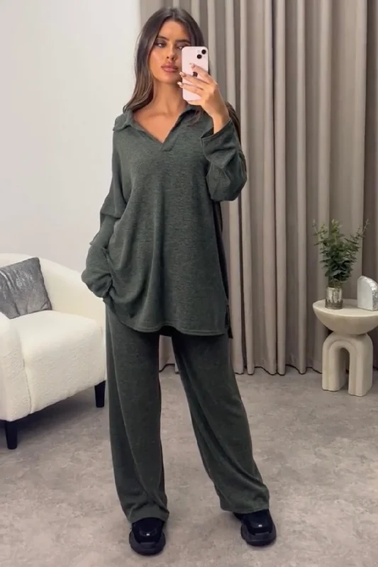 organic cotton women cardigan for an eco - friendly choiceTinah Khaki V neck Collared Top and Trousers Knit Loungewear Set organic cotton women cardigan for an eco - friendly choiceTinah Khaki V neck Collared Top and Trousers Knit Loungewear Set