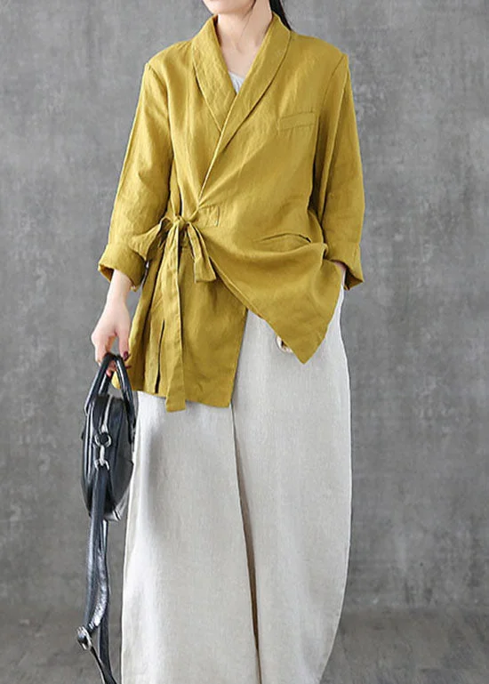 Women's long - sleeve wool coats in a houndstooth pattern for a classic charmUnique Yellow Peter Pan Collar Pockets Tie Waist Patchwork Linen Coats Spring Women's long - sleeve wool coats in a houndstooth pattern for a classic charmUnique Yellow Peter Pan Collar Pockets Tie Waist Patchwork Linen Coats Spring