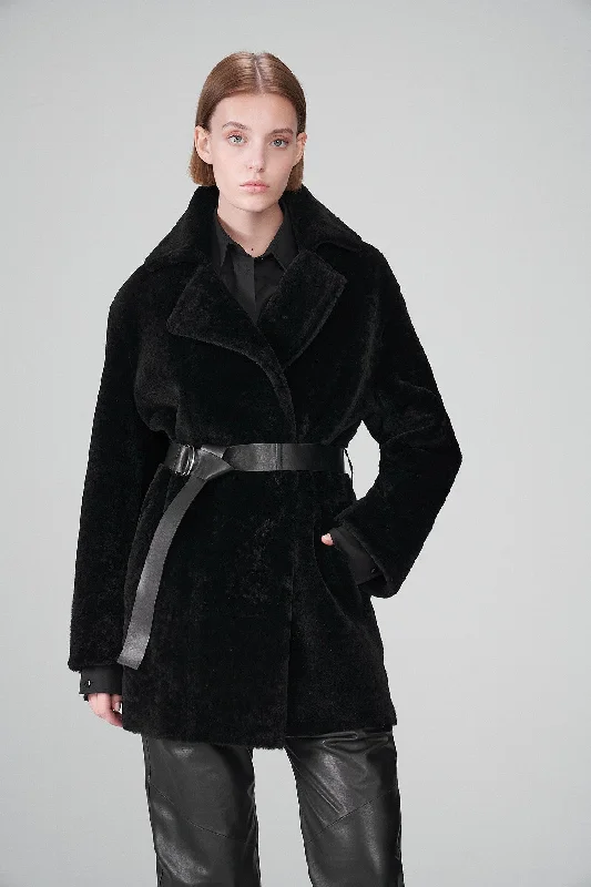 Water - resistant women's trench coats with adjustable cuffs for rainy daysVeronique - Black Shearling Coat Water - resistant women's trench coats with adjustable cuffs for rainy daysVeronique - Black Shearling Coat
