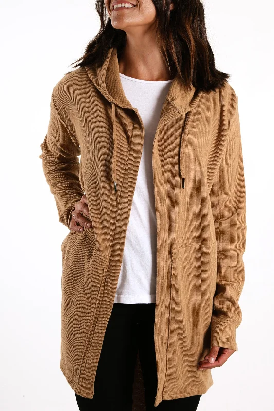 long length women cardigan with side slitsWaffle Hooded Cardi Brown