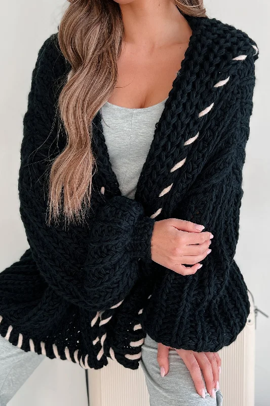 machine washable women cardigan for easy careWarm Emotions Stitch Edged Chunky Knit Cardigan (Black) machine washable women cardigan for easy careWarm Emotions Stitch Edged Chunky Knit Cardigan (Black)