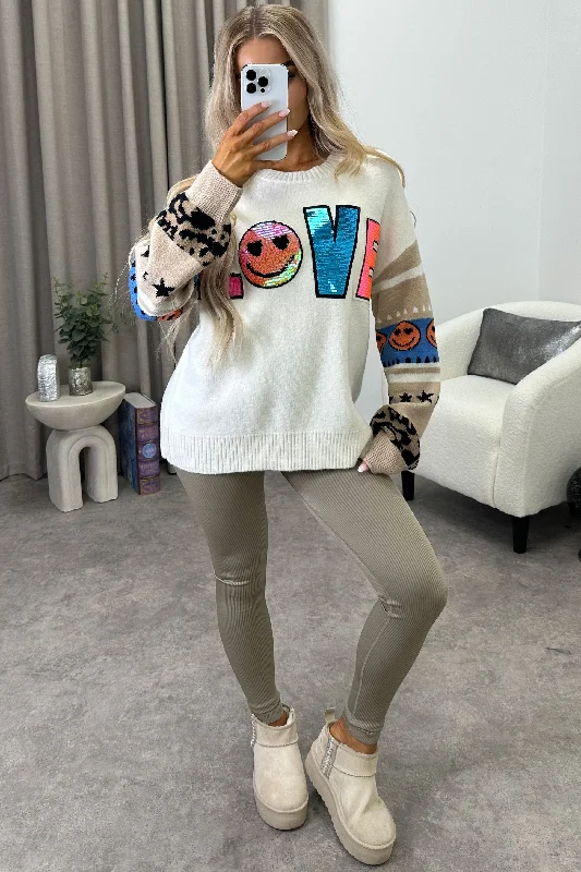 color block women cardigan with bold huesWinny Cream Love Sequin Slogan Knit Jumper