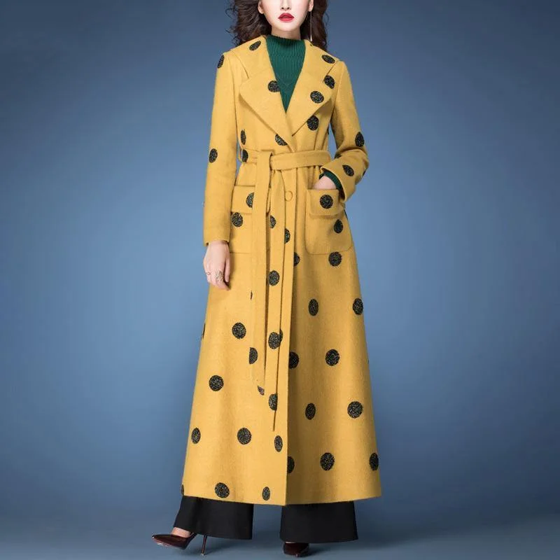 Women's knee - length wool blend coats with a fur collar for added warmthwinter fashion woolen blended yellow dotted prints coats slim fit tie waist maxi trench coat Women's knee - length wool blend coats with a fur collar for added warmthwinter fashion woolen blended yellow dotted prints coats slim fit tie waist maxi trench coat