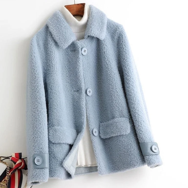 Women's 100% Wool Winter Fur Turn-down Collar Knitted Short Coats