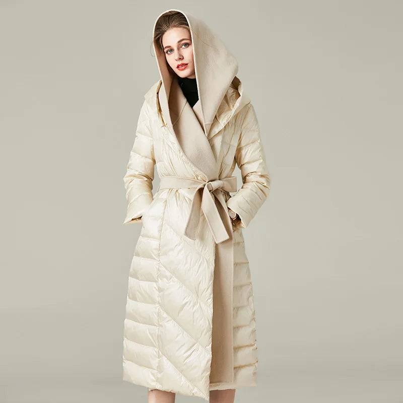Long women's mac coats in a lightweight fabric for spring showersWomen's Korean High Street Style Winter White Duck Down Hooded Coat Long women's mac coats in a lightweight fabric for spring showersWomen's Korean High Street Style Winter White Duck Down Hooded Coat